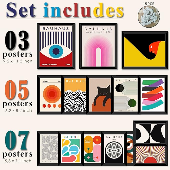LANCHI95 15 PCS Boho Wall Decor– Mid Century Modern Wall Art Boho Posters, Posters For Room Aesthetic, Bauhaus Wall Art Abstract Posters, Collage Kit Pictures (FRAMED)