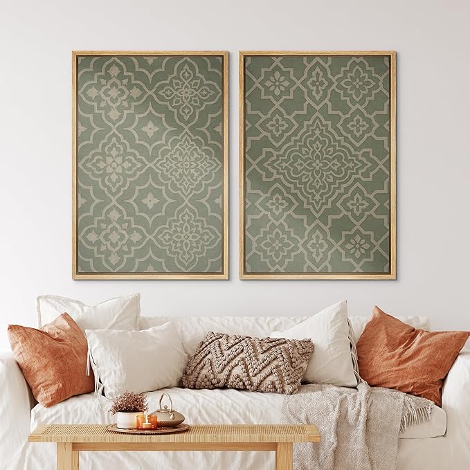 IDEA4WALL Framed Canvas Print Wall Art Set Moroccan Tile Pattern Green and Beige Geometric Illustrations Modern Art Decorative Bohemian Calm/Zen for Living Room, Bedroom, Office - 24"x36"x2 Natural