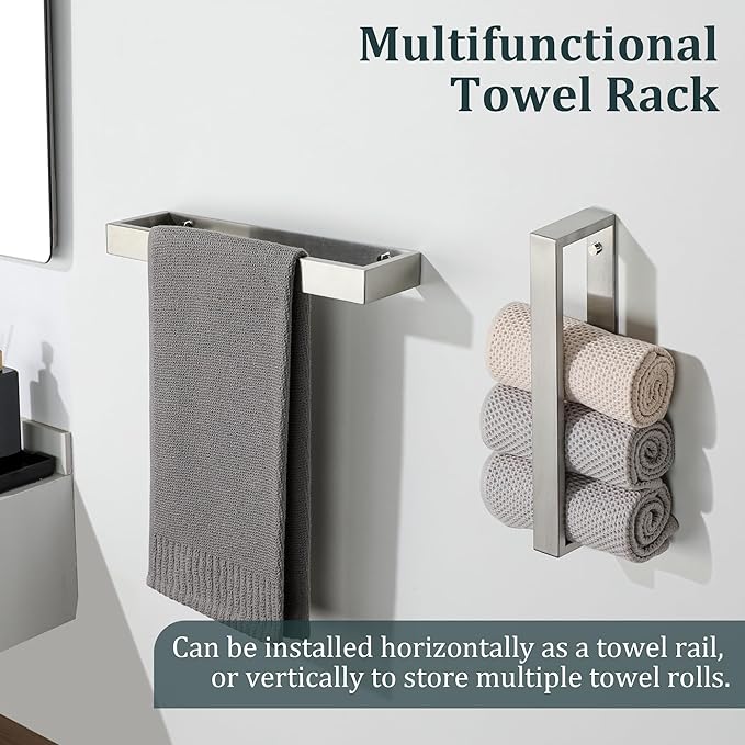 Sayayo Brushed Nickel Towel Bar for Bathroom, 12 Inch Hand Towel Holder Wall Mount, Screw or Self Adhesive Towel Ring Square SUS304 Stainless Steel, 3.2 Inch Wide