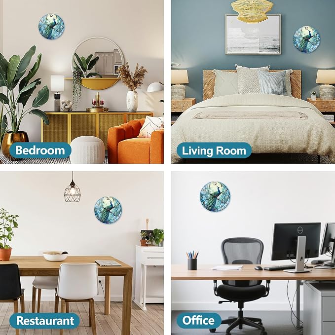 peacoblue Wall Clocks Battery Operated 12 Inch Peacock Glass Round Wall Clock Non Ticking for Kitchen Living Room Dining Room Bedroom and Bathroom Decor Accessories (Battery not Included)