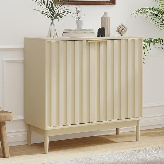 Fluted Sideboard with Storage, Buffet Cabinet Sideboard with Door, Kitchen Buffet Storage Accent Cabinets with Adjustable Shelves for Living Room, Entry, Hallway, Beige