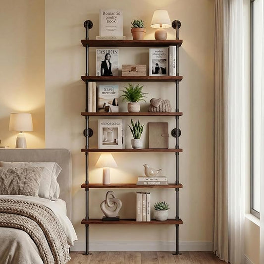 6 Tier Industrial Ladder Shelf Bookcase, Wall Mounted Rustic Bookshelf for Living Room Decor and Storage (Walnut Color, 6 Tier - 10" D x 36" W x 82.5" H)