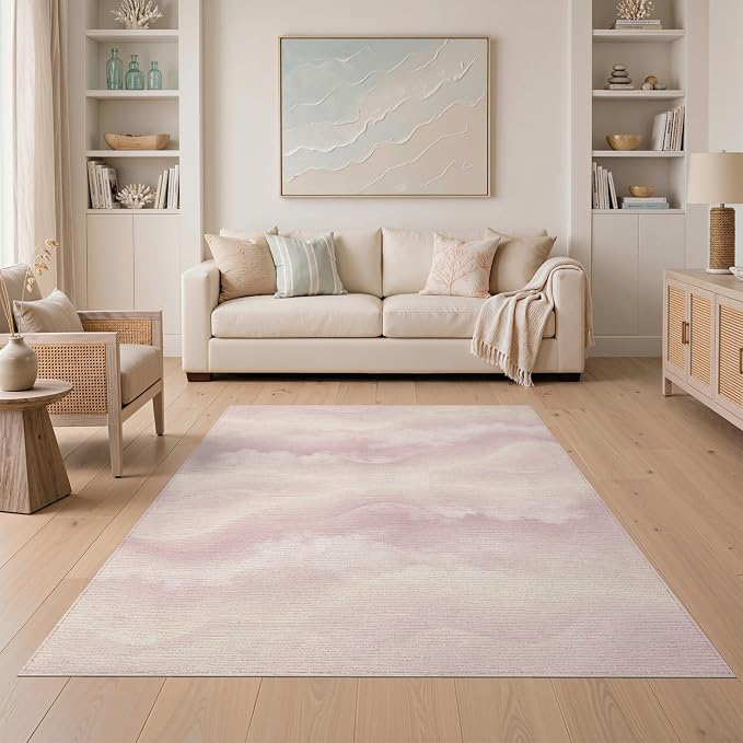 5'x7' Washable Flatwoven Rug, Cream Ombre Wave Stain Resistant Area Rug Non-Slip Low Profile Floor Covering for Guest Room, Lounge, Apartment | Ref:2208257
