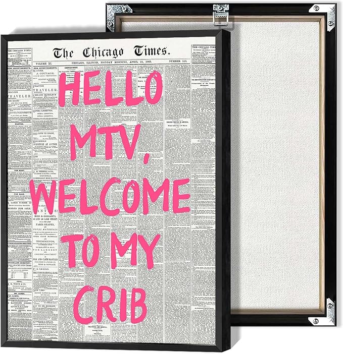 Retro Hello Mtv Welcome To My Crib Posters Pink Font Newspaper Canvas Wall Art Positive Affirming 70'S Room Aesthetic Prints Painting For Home Bedroom Dorm Wall Decor 12x18in Framed