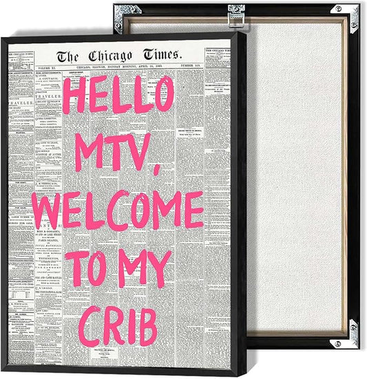 Retro Hello Mtv Welcome To My Crib Posters Pink Font Newspaper Canvas Wall Art Positive Affirming 70'S Room Aesthetic Prints Painting For Home Bedroom Dorm Wall Decor 8x12in Framed