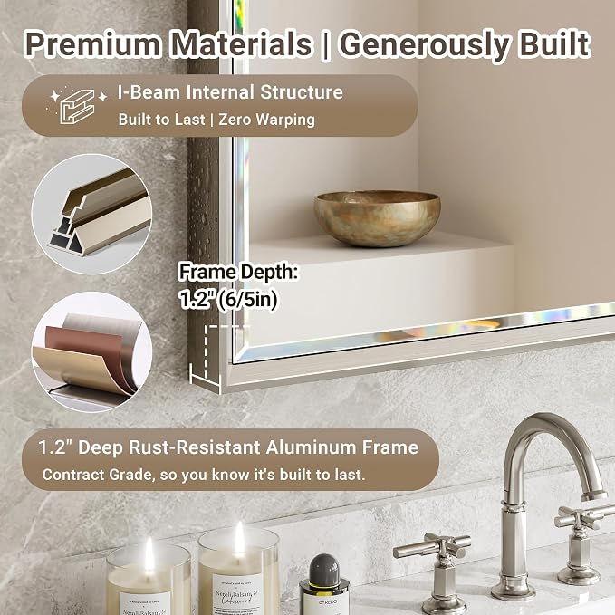 Brushed Nickel Bathroom Mirror, Bathroom Mirrors for Over Sink, 36x36 Inch Square Mirror, Dual Bevel Edges Design, Silver Mirror for Bathroom, Shatterproof 36 Inch Wall Mirror