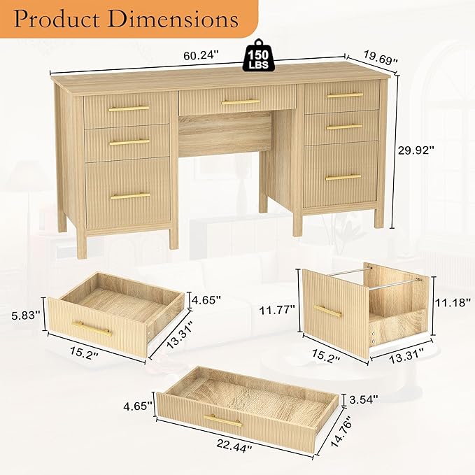Executive Desk with Drawers: 60" Oak Desk with File Cabinet, Home Office Desks with Storage, Modern Desks with File Drawer, Fluted Wood Computer Table (60")