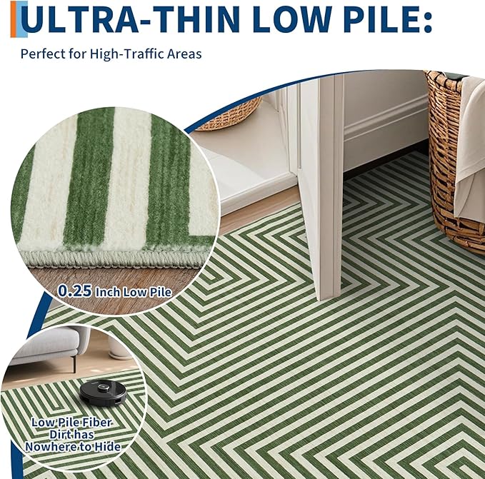 5x7 Washable Area Rugs for Living Room Modern Geometric Rug Non Slip Abstract Lines Soft Bedroom Carpet Low Pile Floor Mats for Bedroom Dining Home Office, Green