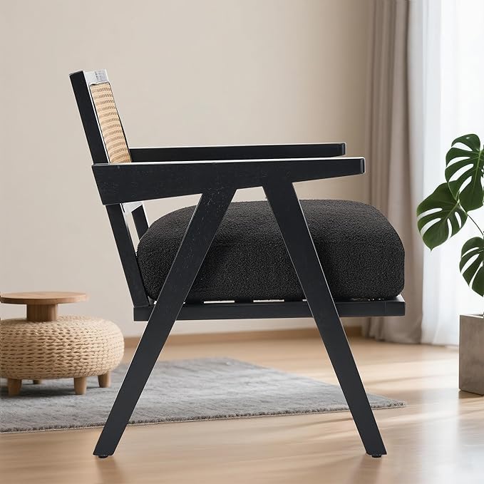 Mid Century Modern Accent Chair, Comfy Living Room Chairs with Sturdy Wood Legs, Rattan Backrest & Beige Thick Linen Cushion, Armchair for Bedroom Balcony Apartment, Black (2 PCS)