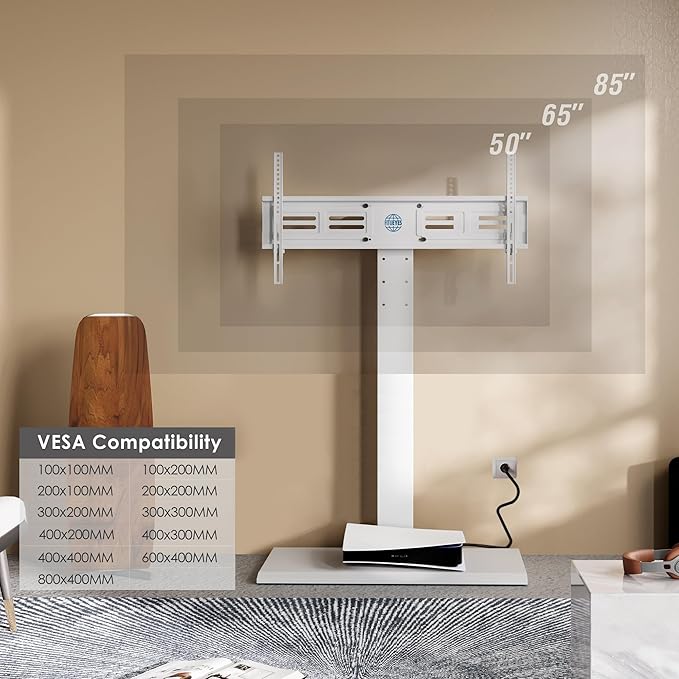 FITUEYES Iron Base Floor TV Stand with Power Strip, Tall TV Stand with Swivel Mount for 50-85 Inch Plasma Flat Panel or Curved Screen TVs Height Adjustable Wire Management(White,with Power Outlet)