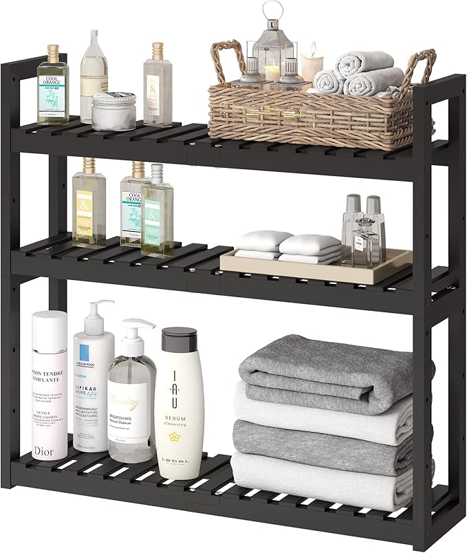 Bathroom Shelf Bamboo Organizer Rack Adjustable 3-Tier Storage Shelf Wall Mounted Storage Rack Over The Toilet Utility Shelves Living Room Kitchen Shelf(Black)