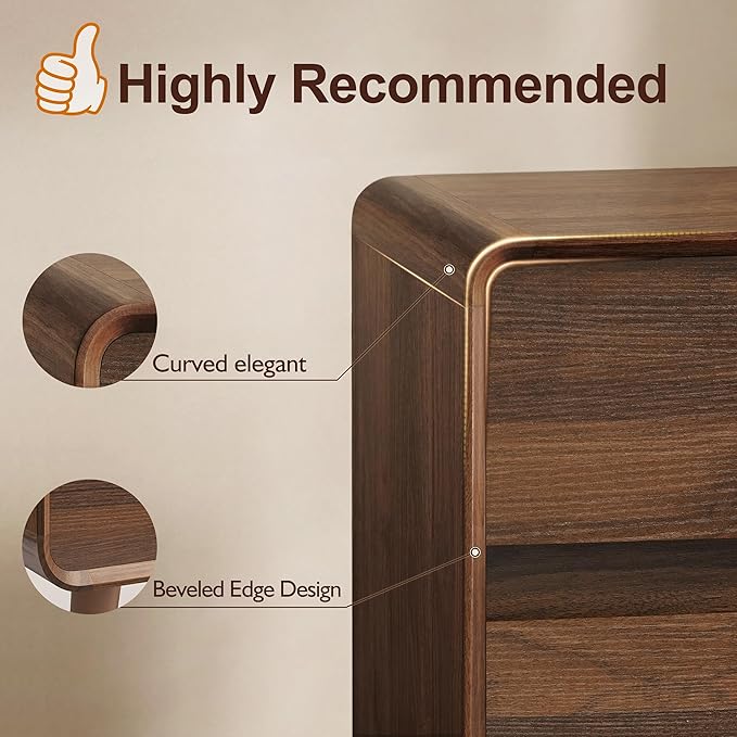 3 Drawer Dresser for Bedroom, Mid Century Modern Chests of Drawers, Curved Bedroom Dresser with Storage Drawer, Wooden Furniture for Living Room, Closet, Home Office,Walnut