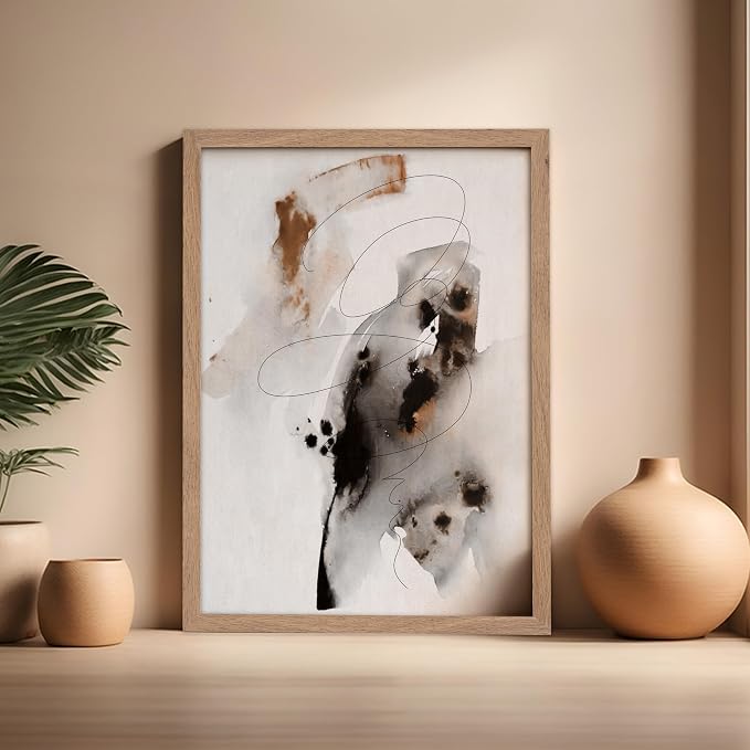 Poster Master Ink Wash Painting Poster - Line on Ink Wash Print - Ink Brush Art - Abstract Illustration - Line Design - Bedroom or Living Room Wall Decor - 16x20 Beige Framed