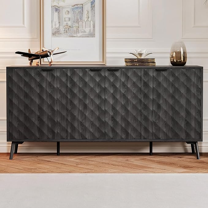 62'' Diamond Flute Sideboard Buffet Cabinet, Diamond Shaped Relief Storage Cabinet with Adjustable Shelves, Accent for Living Room, Entryway,Hallway (Advanced Black Wood Grain)