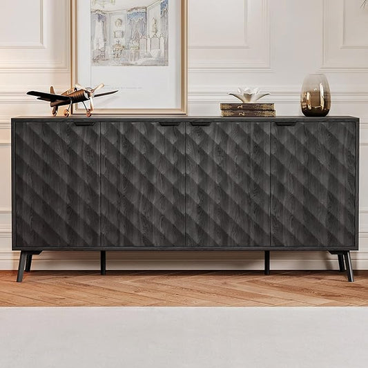 62'' Diamond Flute Sideboard Buffet Cabinet, Diamond Shaped Relief Storage Cabinet with Adjustable Shelves, Accent for Living Room, Entryway,Hallway (Advanced Black Wood Grain)