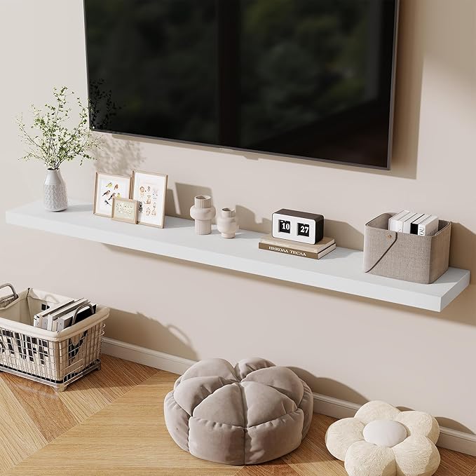 Fun Memories 72 Inch Fireplace Mantel Shelf, 10 Inch Deep Shelves for Display & Wall Storage, Rustic Wood Wall Shelf, Extra Long Floating Shelves for Living Room Laundry Room, White, Set of 1