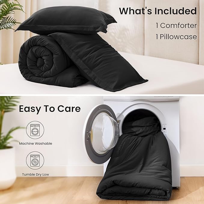 Love's cabin Black Twin/Twin XL Comforter Set, 2-Piece Prewashed Bed Set with 1 Comforter (66 x 90 in) & 1 Pillowcase, Lightweight & Breathable for All Seasons | Soft