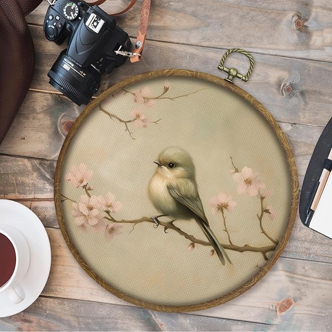 CGBHW Vintage Bird Round Wall Art Decor, Retro Rustic Bird Canvas Prints Framed, Farmhouse Cottagecore Floral Wall Art Hanging Decor for Home Gallery Bedroom Living Room Decorations, 10x10 Inch