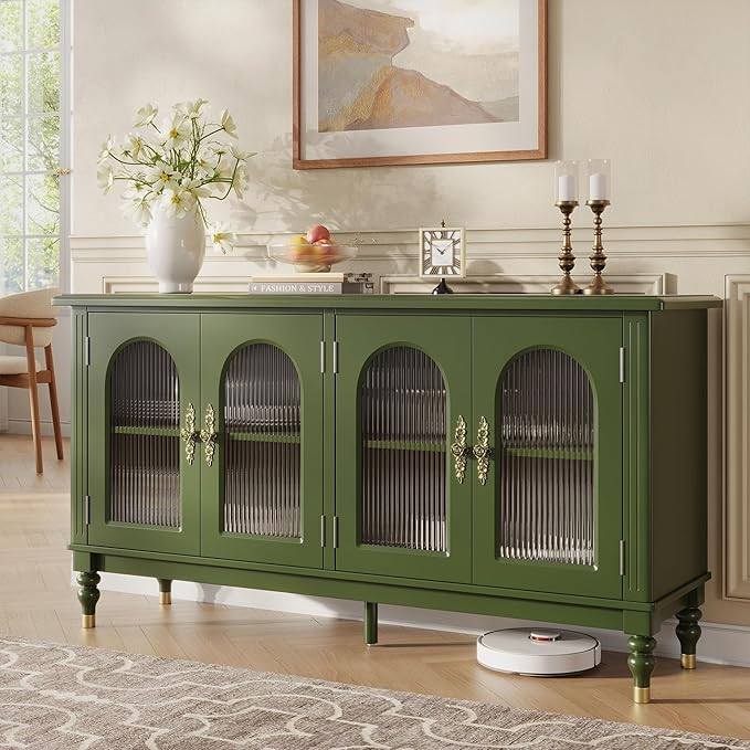 iPormis Fluted Arched Buffet Cabinet Set of 2, 59" Vintage Sideboard with Glass Door & Adjustable Shelves, Mid Century Modern Solid Wood Credenza Accent Cabinet for Living Room, Entryway, Green