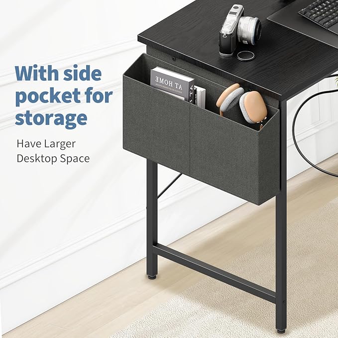 DUMOS 39" Corner Gaming Desk, L Shaped Computer Desk with 3AC+2USB+1Type-C Power Strip, Storage Shelves & Side Hanging Fabric Organizer, Black Gaming Workstation for Home Office and Bedroom