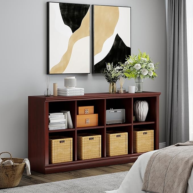 Bevfint 8 Cube Storage Organizer Bookcase - 2 Tiers 8 Storage Cube Adjustable Space Book Case, Display Cabinet Organizer, 54.7 inch Width Horizontal Bookshelf for Home Library Office, Mahogany
