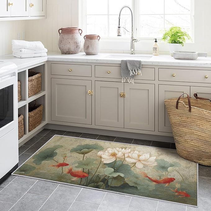 Lotus Flower Runner Rug 4x10, Koi Fish Design, Asian Art Area Rug, Washable Non-Slip Floor Carpet Runner for Bedroom, Dining Room, Living Room Aisle