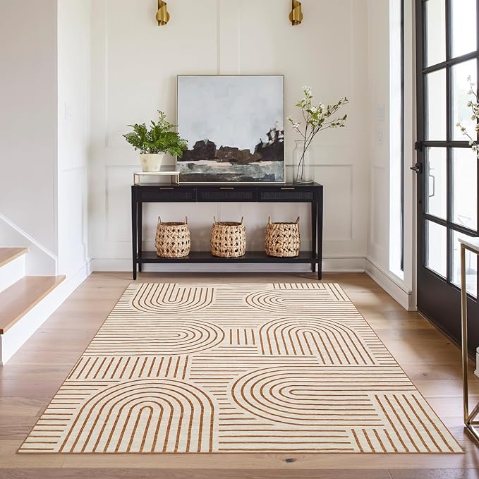 Washable Rug 4x6 Area Rugs for Living Room, Abstract Rug for Bedroom, Soft Rainbow Non Slip Throw Rugs with Rubber Back, Low Pile Stain Resistant Boho Geometric Carpet for Dining Room,Orange