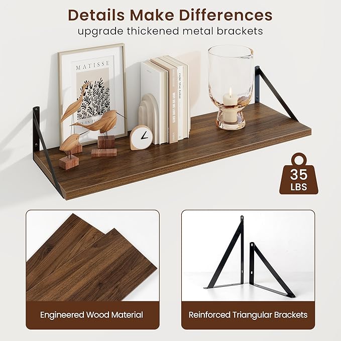Axeman 30 Inch Floating Shelves | 10 Inch Deep Walnut Wall Shelves Set of 2 | 30" W x 10" D Walnut Floating Shelves for Living Room Bathroom Kitchen