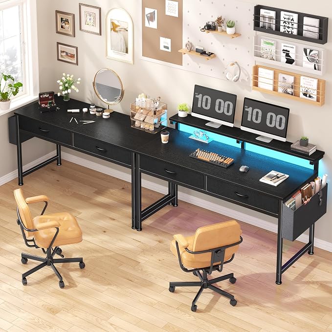 DurayLoly 47.3Inch Gaming Desk with LED Lights with 2 Drawers, Home Office Desk Computer Desk with Side Pocket & Ergonomic Monitor Stand, Small Space Study Writing Table with Anti-Tip Design,Black