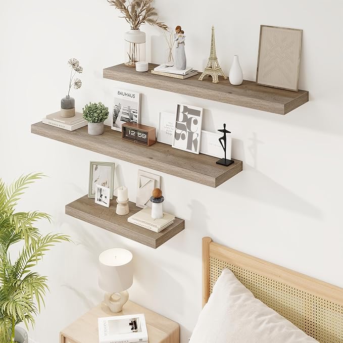 24in Floating Shelves for Wall, 24"W x 9.25"D x 1.25"H, 2 Pack Long Wall Mounted Engineered Wood Shelves with Invisible Brackets for Living Room, Bedroom, Bathroom, Kitchen Decor and Storage, Grey