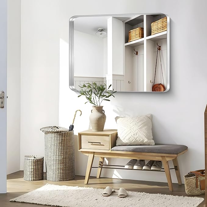 CIRCUMI Silver Bathroom Mirror, 36"x48" Rectangular Mirror with Deep Metal Frame, Rounded Corner, Tempered Glass, Large Mirror for Wall, Over 2 Sinks, Installed Vertically/Horizontally, Crystal-Clear