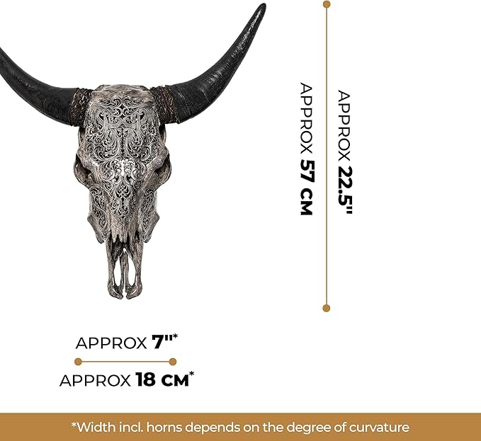 Skull Bliss - Hand-Carved Real Authentic Taxidermy Cow Skull/Bull Skull Wall Decor with Horns/Real Animal Cow Skull Wall Decor (Standard Horns)