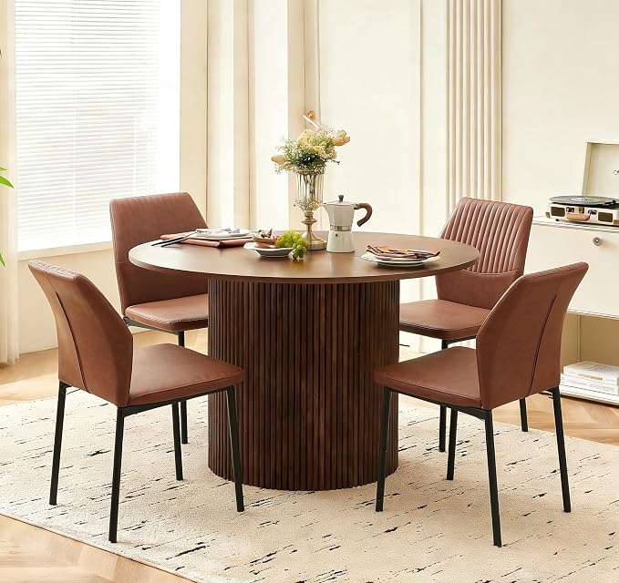 Dining Table Set for 4, 47" Wooden Round Kitchen Table with PU Leather Chairs for Kitchen Room and Small Spaces(Walnut Table + 4 Brown Chairs)