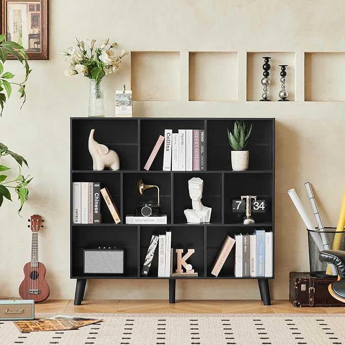 LEYAOYAO 10 Cube Bookshelf,3 Tier Modern Wide Bookcase with Legs,Mid-Century Wood Bookshelves Storage，Black Large Book Case,Freestanding Organizer Display Shelf for Bedroom,Living Room,Office