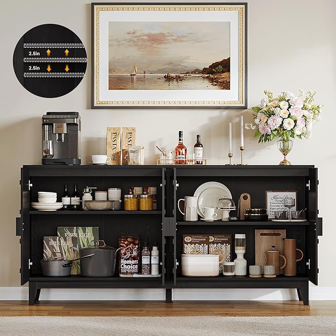 ONBRILL 63" Sideboard Buffet Cabinet with Storage, Large Buffet Cabinet with 4 Circular Panel Design Doors and Adjustable Shelves, Modern Sideboard for Living Room, Kitchen (Black)