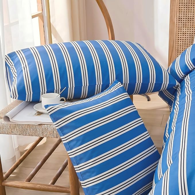 Merryword Striped Duvet Cover Set Queen Size - 100% Cotton Duvet Cover Set, Blue Ribbon Stripes Pattern Comforter Cover 3 Pieces, Soft Linen Like Bedding Set for All Seasons