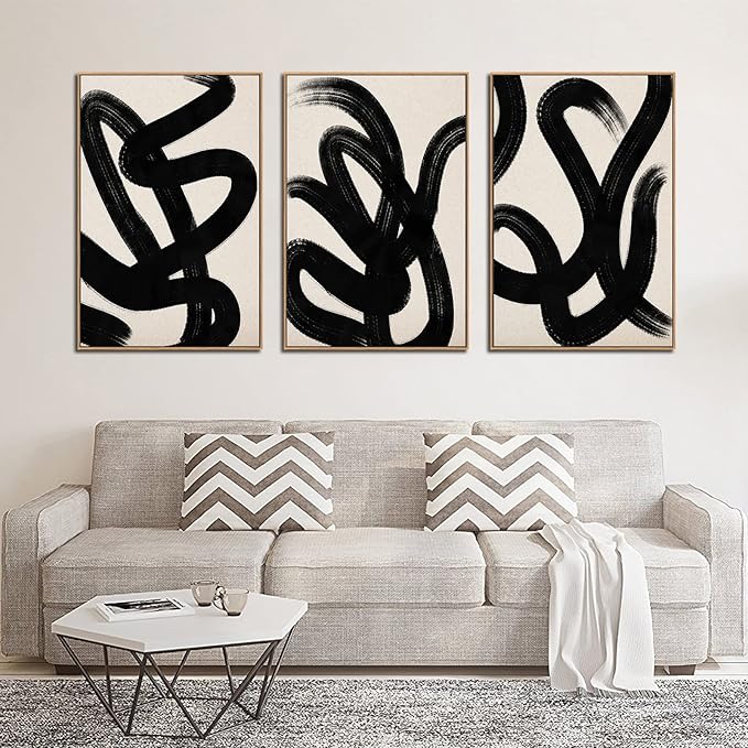 arteWOODS Framed Wall Art Canvas Set Abstract Lines Pictures Modern Mid Century Boho Wall Decor Minimalist Abstract Black Stroke Painting Artwork Living Room Bedroom Home Office 32" x 48" *3 Natural