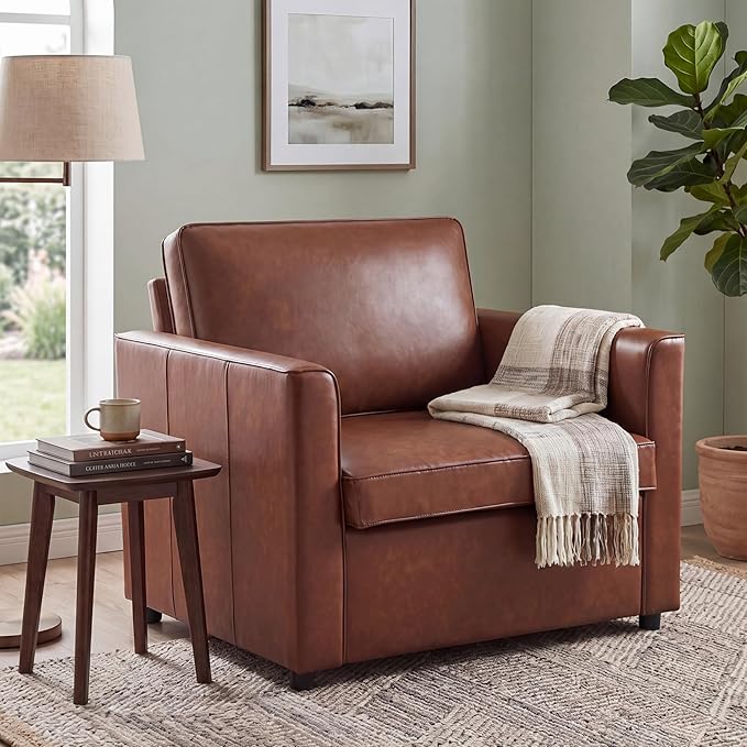 Oversized Armchair, 39" Accent Chair for Living Room, Mid-Century Modern Armchair with Deep Seat Cushion & Solid Wooden Legs, Comfy Faux Leather Side Chair for Reading, Small Space, Brown