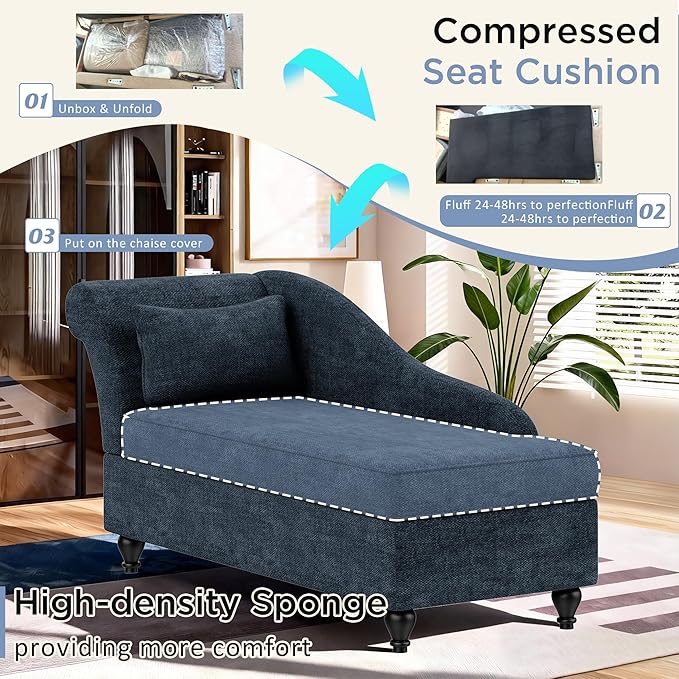 Storage Chaise Lounge Indoor, Upholstered Chaise Lounge Chair with Storage for Bedroom Living Room Office Blue Chenille Fabric (Left Armrest)