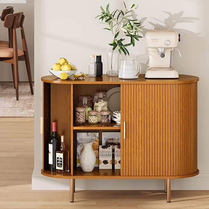 DHH Sideboard Buffet Cabinet with Storage,Mid Century Modern Fluted Accent Coffee Bar Console Table,Tambour Sliding Doors& Adjustable Shelf for Kitchen, Living Room, Entryway (Yellow walnut40 Inch)