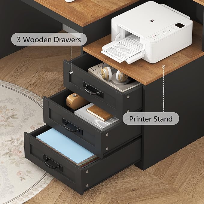 TVU Farmhouse Computer Desk with Drawers, 65'' Home Office Desk with Power Outlets, Storage Cabinet and Printer Stand, Study Writing Desks with Long Monitor Stand, Brown and Black
