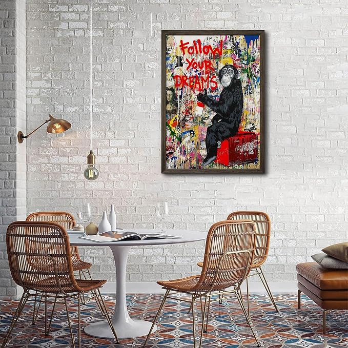 Banksy Canvas Wall Art Monkey Follow Your Dreams Street Graffiti Wall Art Banksy Prints Gorilla Poster Monkey Artwork Graffiti Pictures Painting for Home Living Room Decor 12x16 Inch Wood Framed
