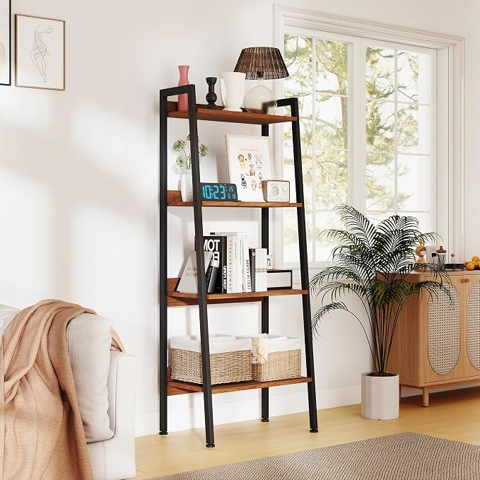 Ladder Shelf, 4 Tier Ladder Shelf, 22” Wide Tower Storage Shelf for Books, Anti Tip Feature, Steel Frame, Perfect for Bookshelf, Plants, Kitchen, Living Room, Office, Walnut