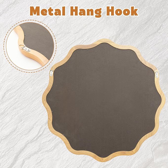 Vercraft 30 Inch Scalloped Wooden Bathroom Round Circle Mirror for Wall, Boho Wavy with Tempered Glass, Natural Frame Hanging for Bedroom, Living Room, Entryway, Farmhouse(Natural Wood Color)