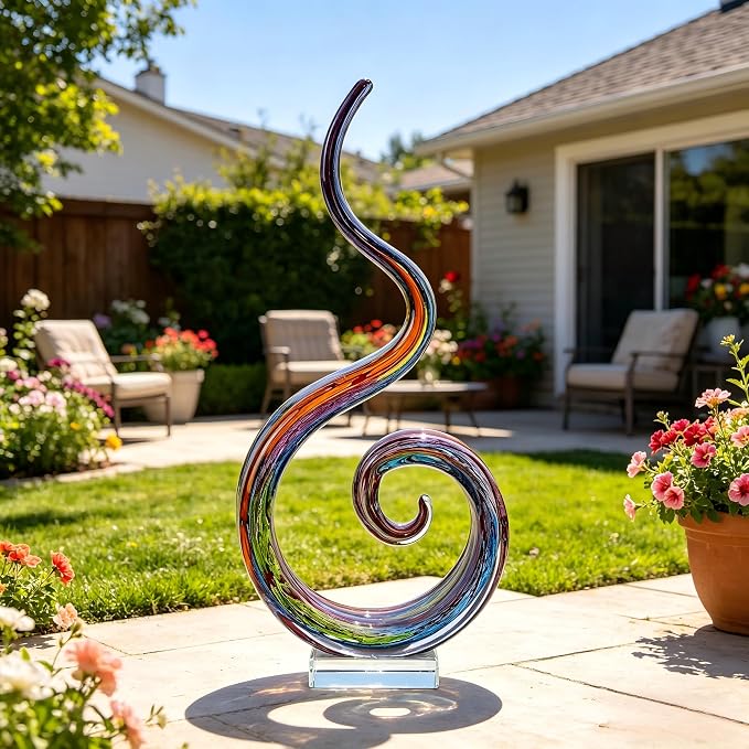 Hand Blown Murano Style Glass Sculpture, 14" Single Spiral Flame Abstract Art Figurine Collectible, Modern Home Decor for Living Room Office Aquarium, Unique Gift for Art Lovers