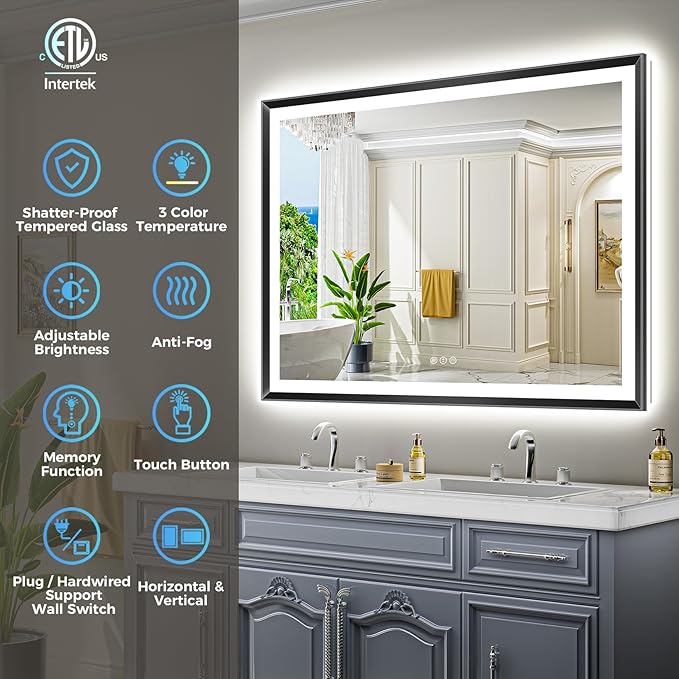 48x40 Black Framed LED Bathroom Mirror with Lights, Backlit and Front Light, Lighted Bathroom Vanity Mirror for Wall Dimmable Anti-Fog Memory Tempered Glass Horizontal/Vertical