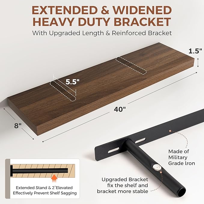 Dreamland 40 Inch Floating Shelves for Wall,8 Inch Deep Floating Shelves,40" W x 8" D Wall Shelves for Bedroom,Living Room, Kitchen,Bathroom,Walnut,Set of 2