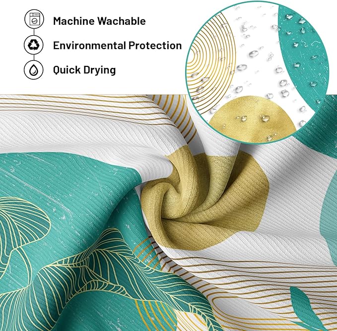 Teal Blue and Gold Shower Curtain Turquoise Aqua and White Shower Curtains for Bathroom Decor Boho Mid Century Bath Curtain Set, Waterproof Fabric with Hooks 70 x 72 Inch