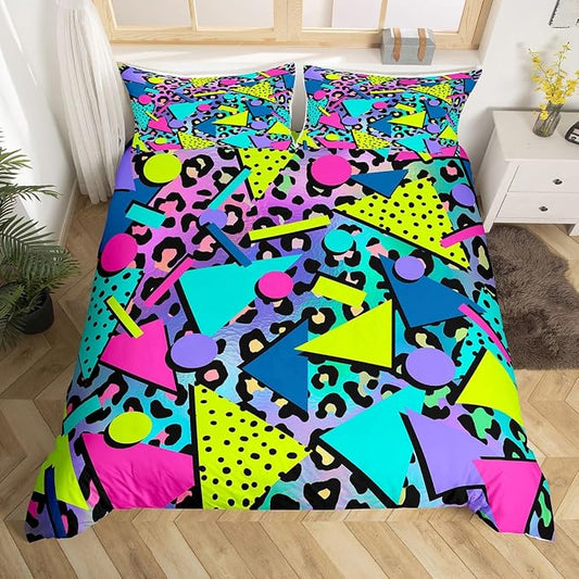Cheetah Print Comforter Cover African Safari Animal Hide Bedding Set for Teens Mens Boys Retro 80s 90s Memphis Duvet Cover Circular Triangle Geometric Quilt Cover Urban Art Bedroom Decor King Size
