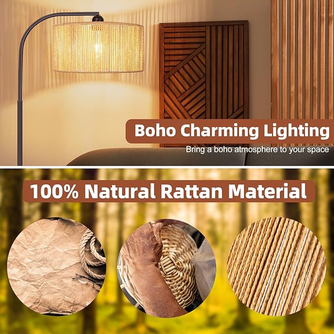 Boho Floor Lamp with Dimmable Bulb Nartual Rattan Adjustable Lampshade, Bronze Rustic Farmhouse Floor Lamps for Living Room, Bedroom, Office, Classroom
